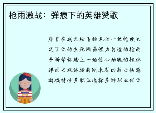 枪雨激战：弹痕下的英雄赞歌